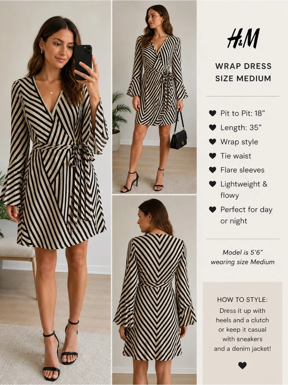 H&M | Dresses | Hm Black Cream Geometric Stripe Wrap Dress Size Medium